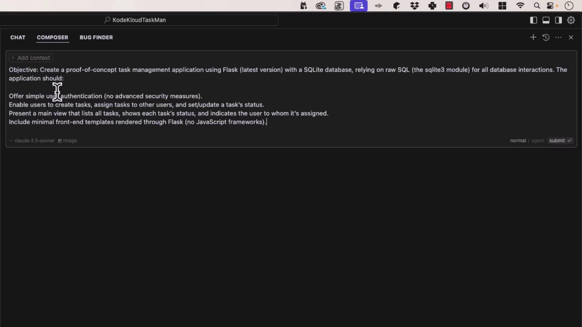 The image shows a text editor with a project objective to create a task management application using Flask and SQLite, detailing features like user authentication and task assignment.