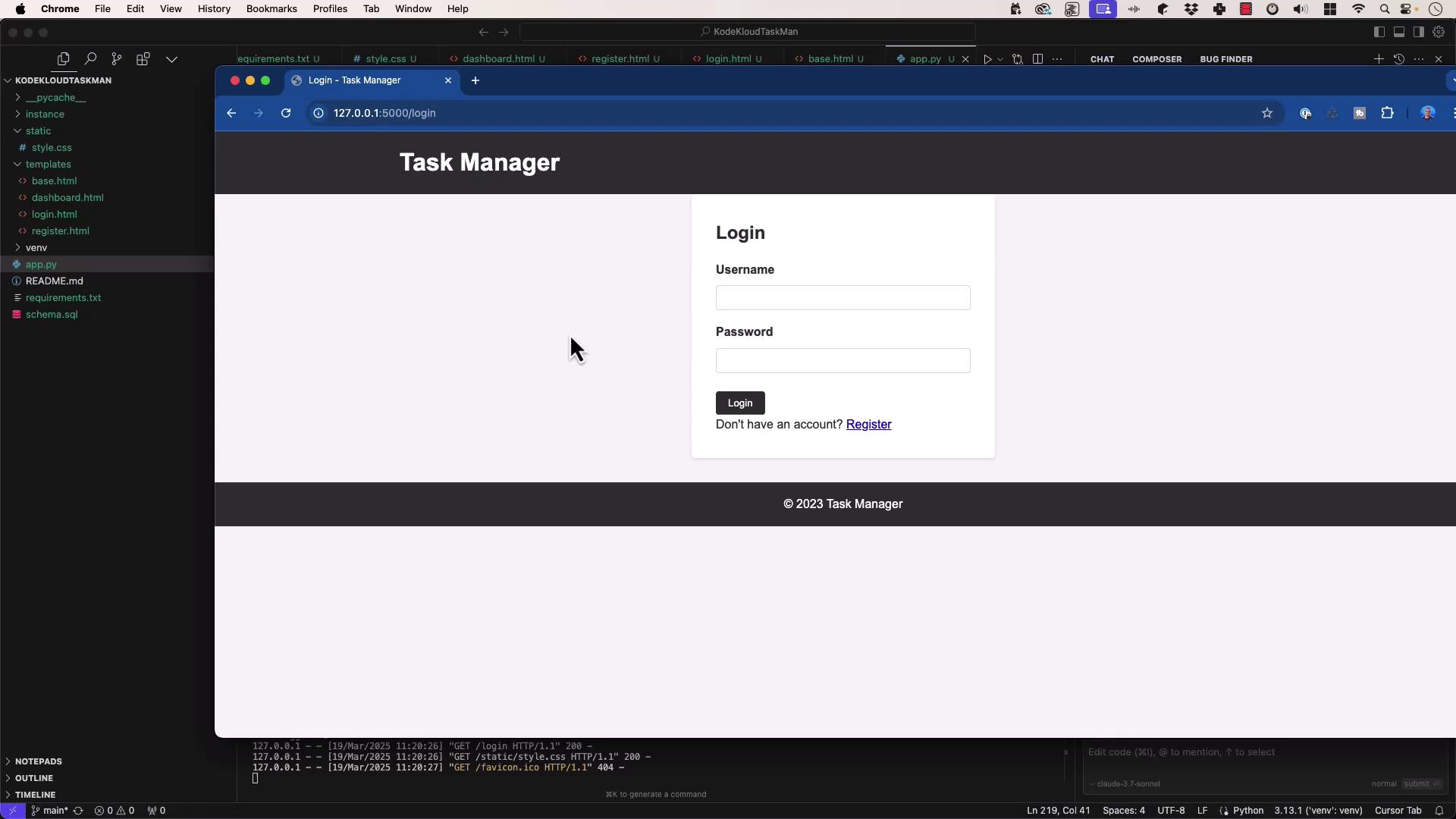 The image shows a web browser displaying a "Task Manager" login page with fields for username and password, alongside a code editor with project files open.