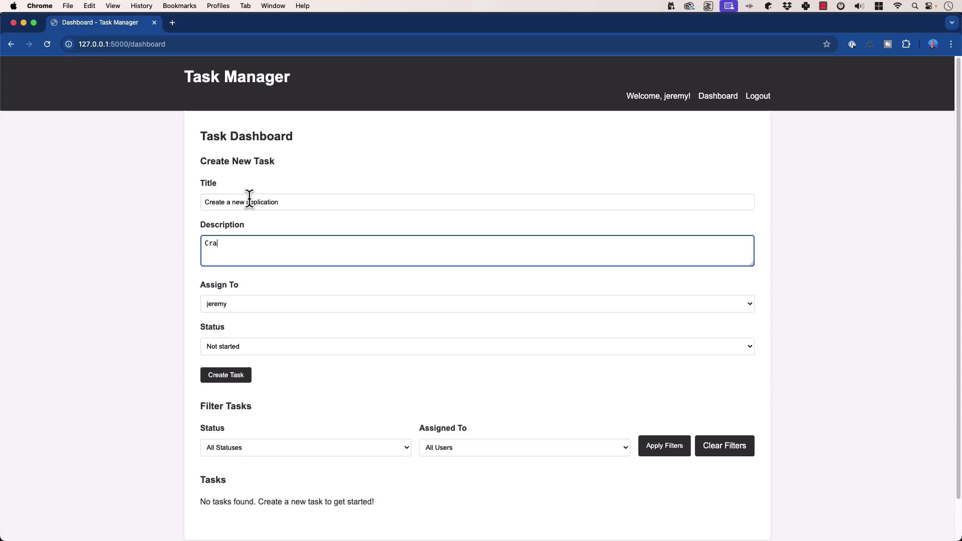 The image shows a "Task Manager" web application interface where a user can create a new task by entering details such as title, description, assignee, and status. The interface also includes options to filter tasks by status and assignee.