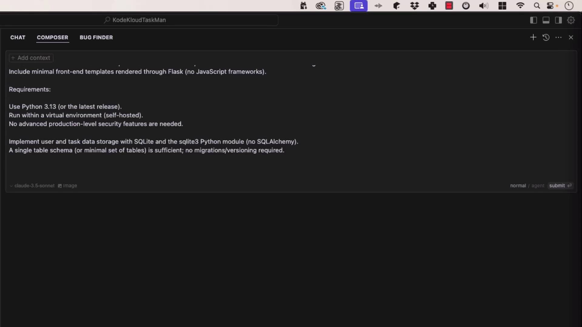 The image shows a text editor with a list of requirements for a project, including using Python 3.13, Flask for front-end templates, and SQLite for data storage.