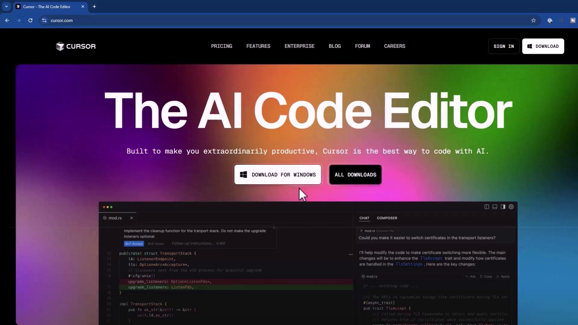 The image shows a webpage for "The AI Code Editor" called Cursor, featuring a colorful gradient background with options to download the software. The page highlights its productivity features and includes a code editor interface.