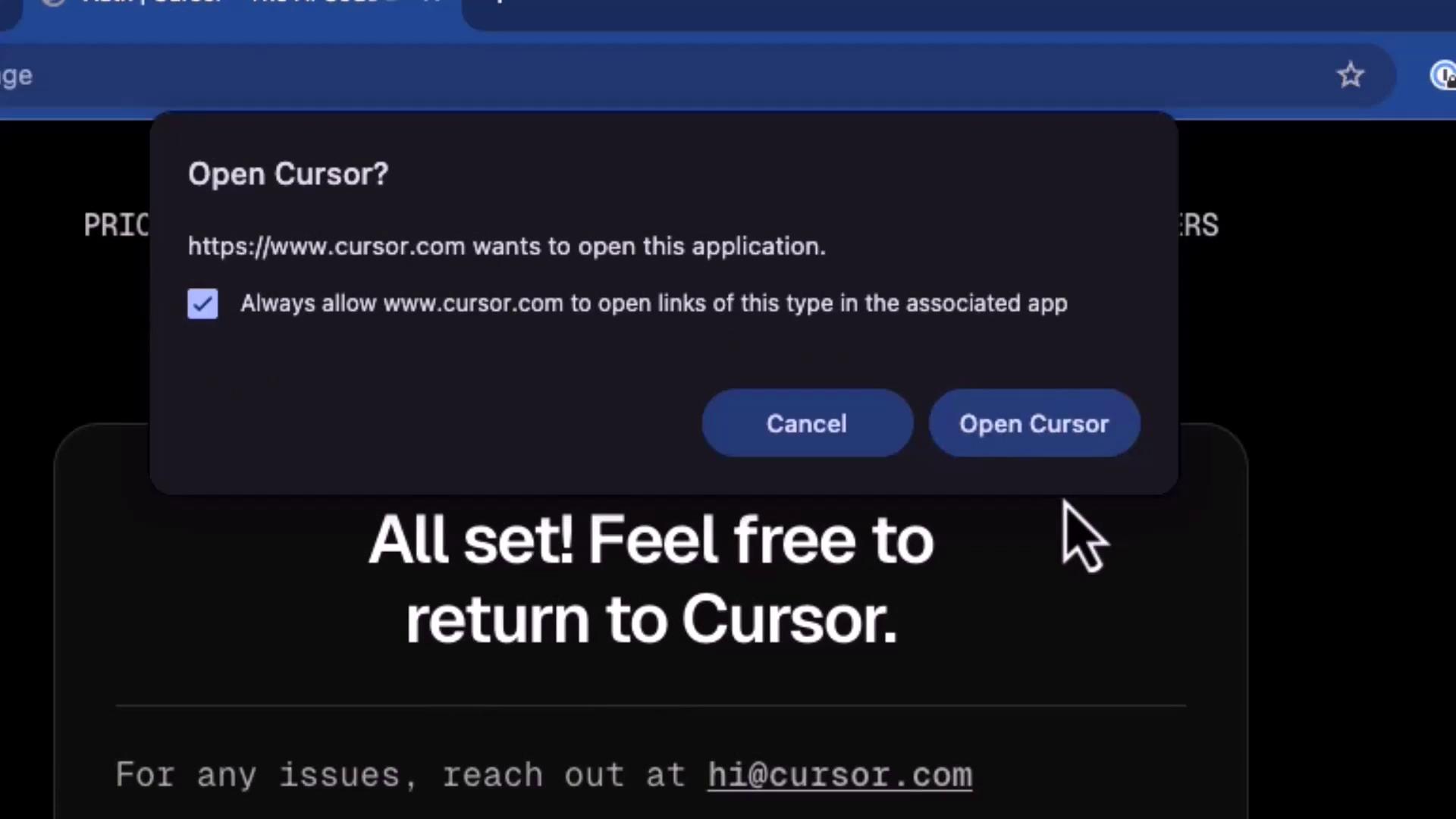 The image shows a pop-up window asking if the user wants to open the Cursor application, with options to "Cancel" or "Open Cursor."