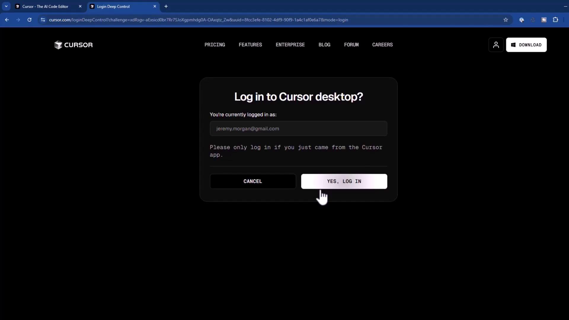 The image shows a login prompt for "Cursor desktop" with options to cancel or log in, and a cursor pointing at the "YES, LOG IN" button.