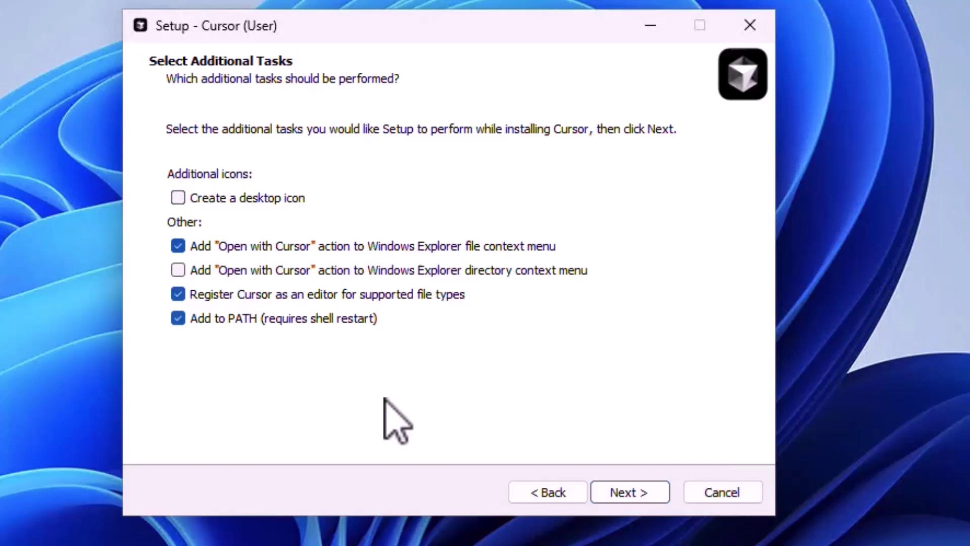 The image shows a software setup window for "Cursor," where users can select additional tasks like adding actions to the Windows Explorer context menu and registering the program as an editor.