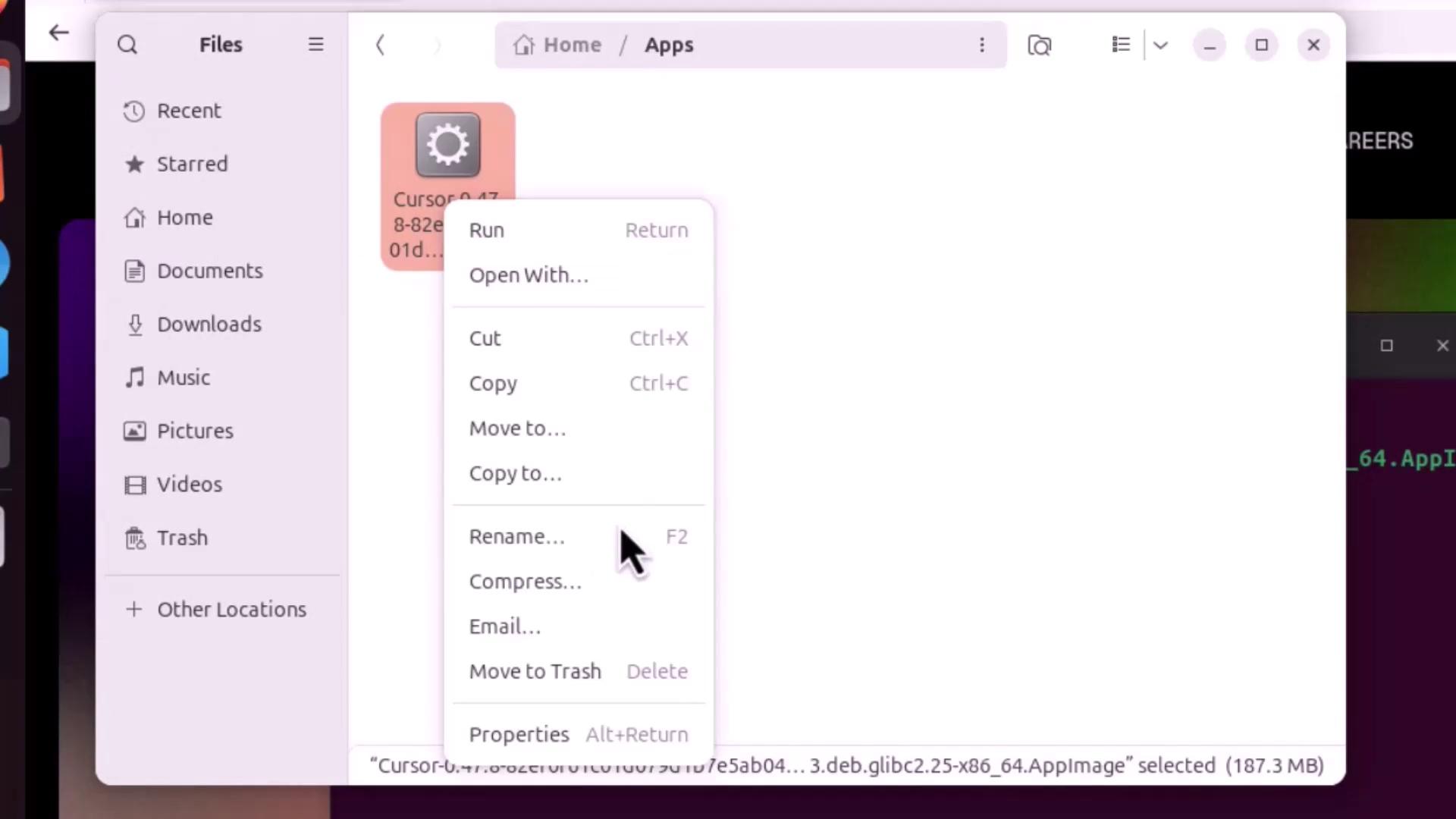The image shows a file manager window on a computer, with a right-click context menu open for a file named "Cursor" in the "Apps" directory. The menu options include actions like Run, Open With, Cut, Copy, and Rename.