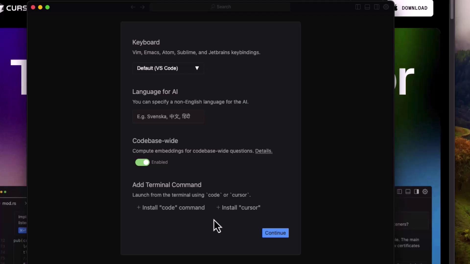 The image shows a software settings window with options for keyboard configuration, language selection for AI, and codebase-wide embedding settings. There are also options to install terminal commands.