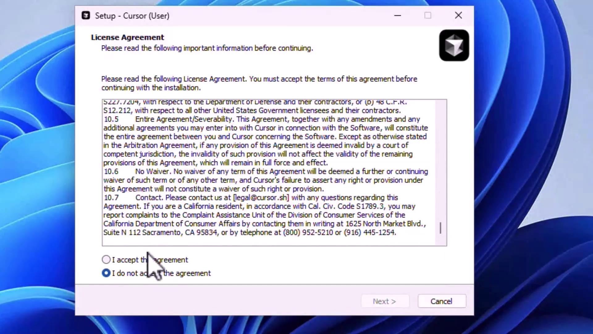 The image shows a software setup window displaying a license agreement with options to accept or decline the agreement. A cursor is hovering over the "I do not accept the agreement" option.