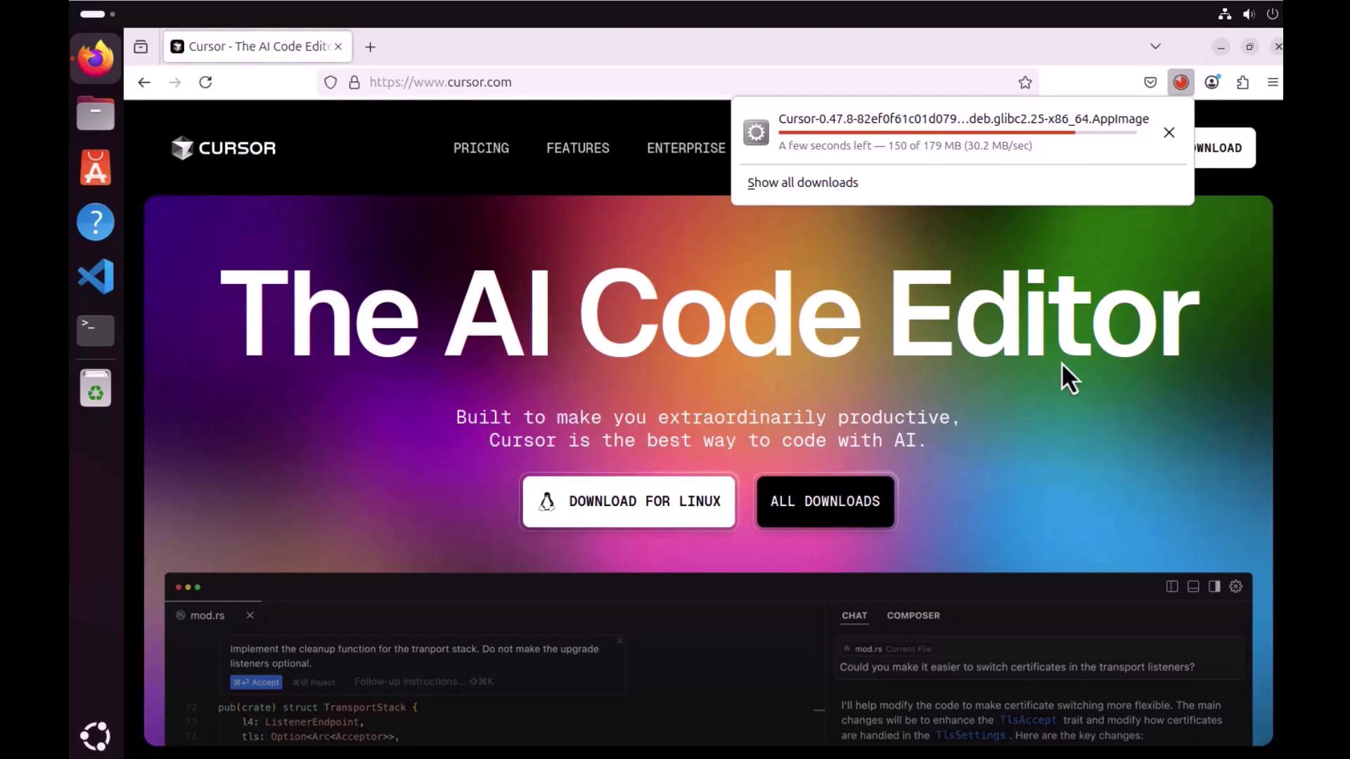 The image shows a webpage for "The AI Code Editor" by Cursor, with options to download for Linux and view all downloads. A download progress bar is visible at the top.
