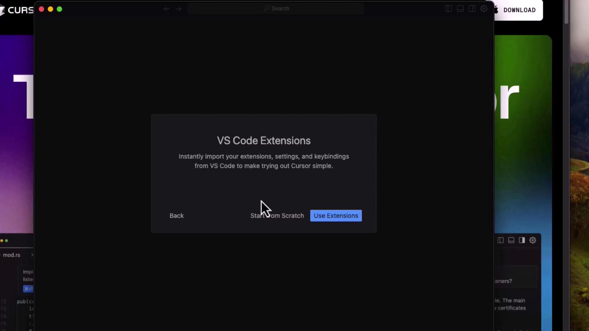 The image shows a dialog box in a software application offering to import VS Code extensions, settings, and keybindings, with options to "Start from Scratch" or "Use Extensions."
