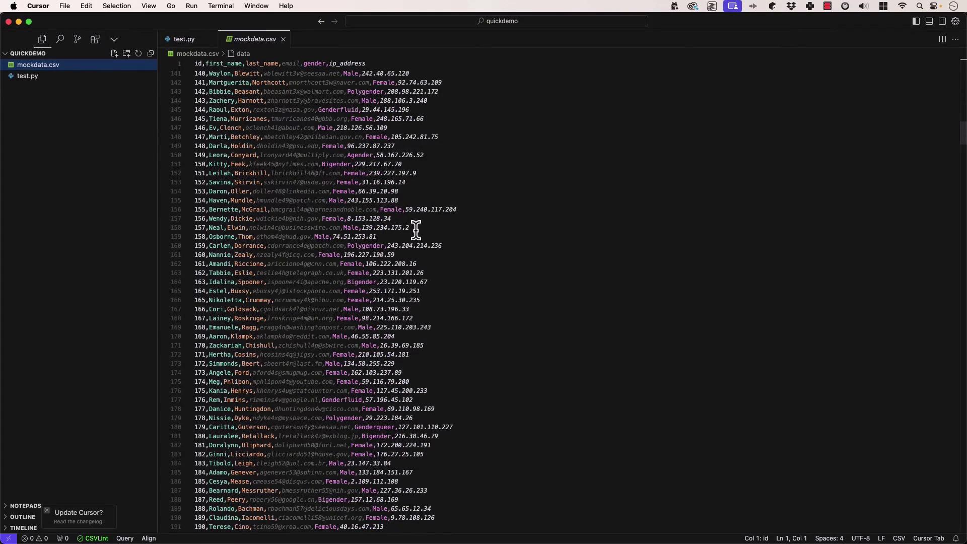 The image shows a code editor with a CSV file open, displaying a list of names, emails, genders, and IP addresses. The interface is dark-themed, and the file is named "mockdata.csv".