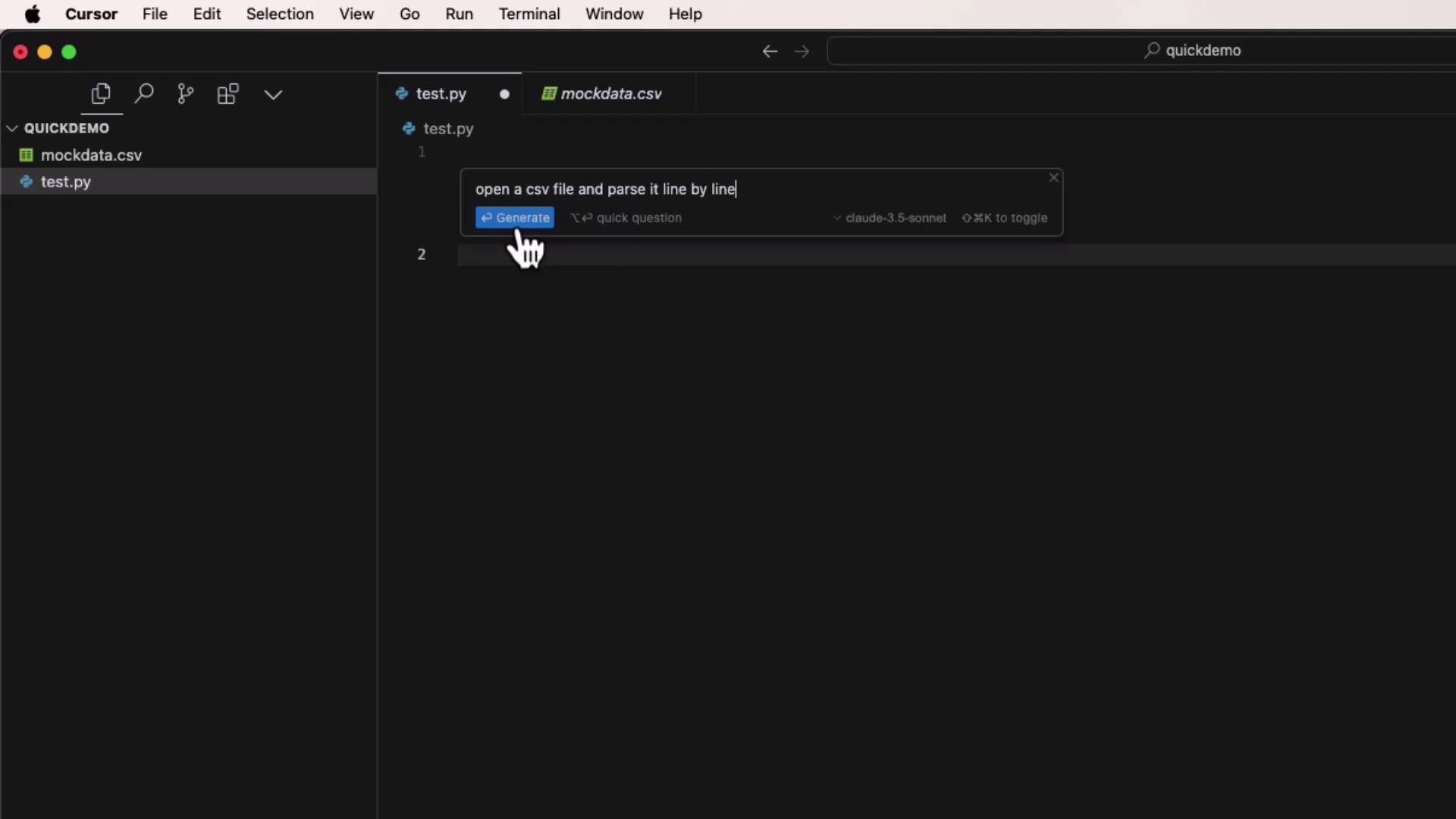 The image shows a code editor with a Python file open, where a user is typing a command to open and parse a CSV file line by line, and a "Generate" button is highlighted.