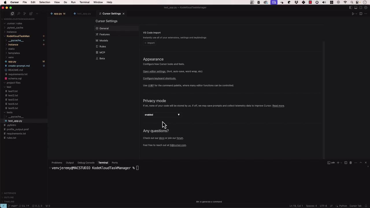 The image shows a code editor interface with a sidebar of files and a settings panel open, displaying options for VS Code import, appearance, and privacy mode. A terminal is visible at the bottom with a command prompt.