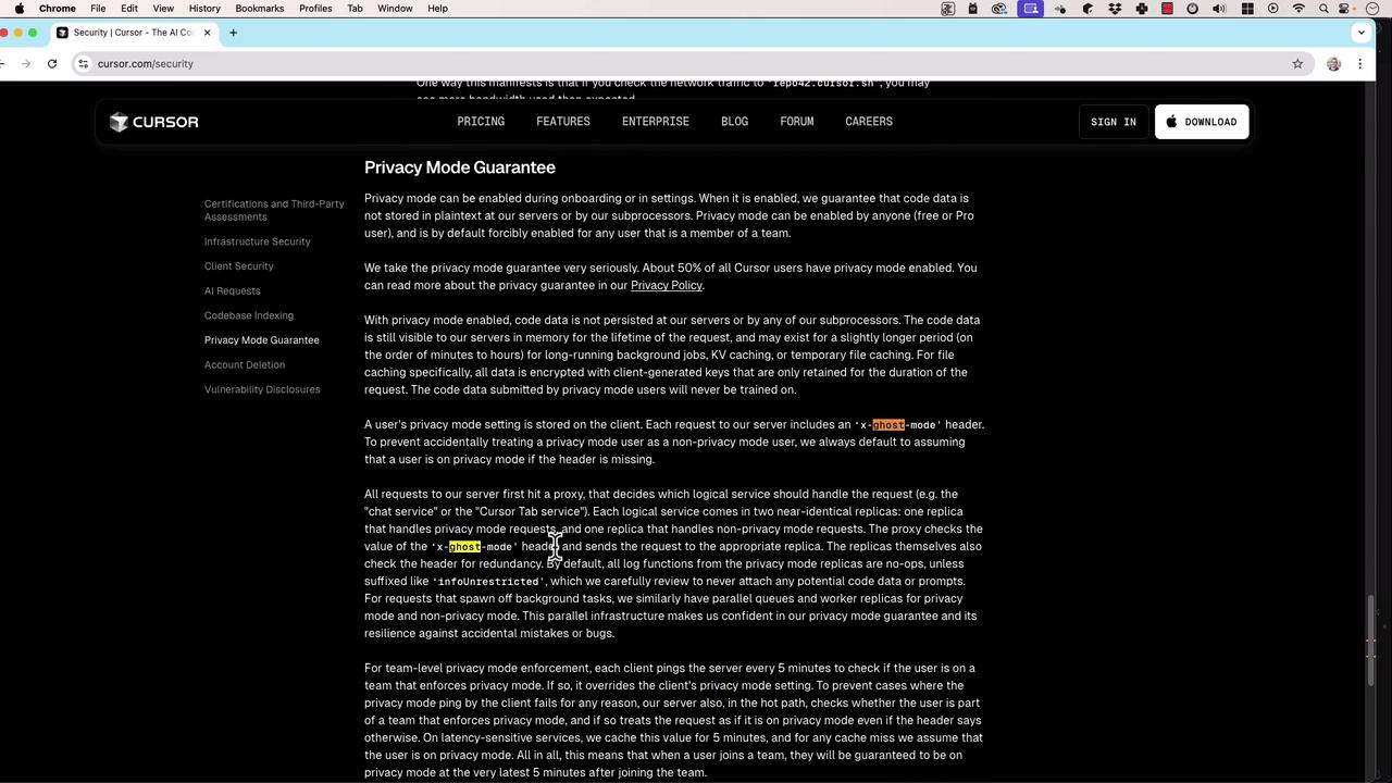 The image shows a webpage from Cursor's security section, specifically detailing their "Privacy Mode Guarantee." The page includes a sidebar with various security-related topics and a main section explaining how privacy mode works and its importance.