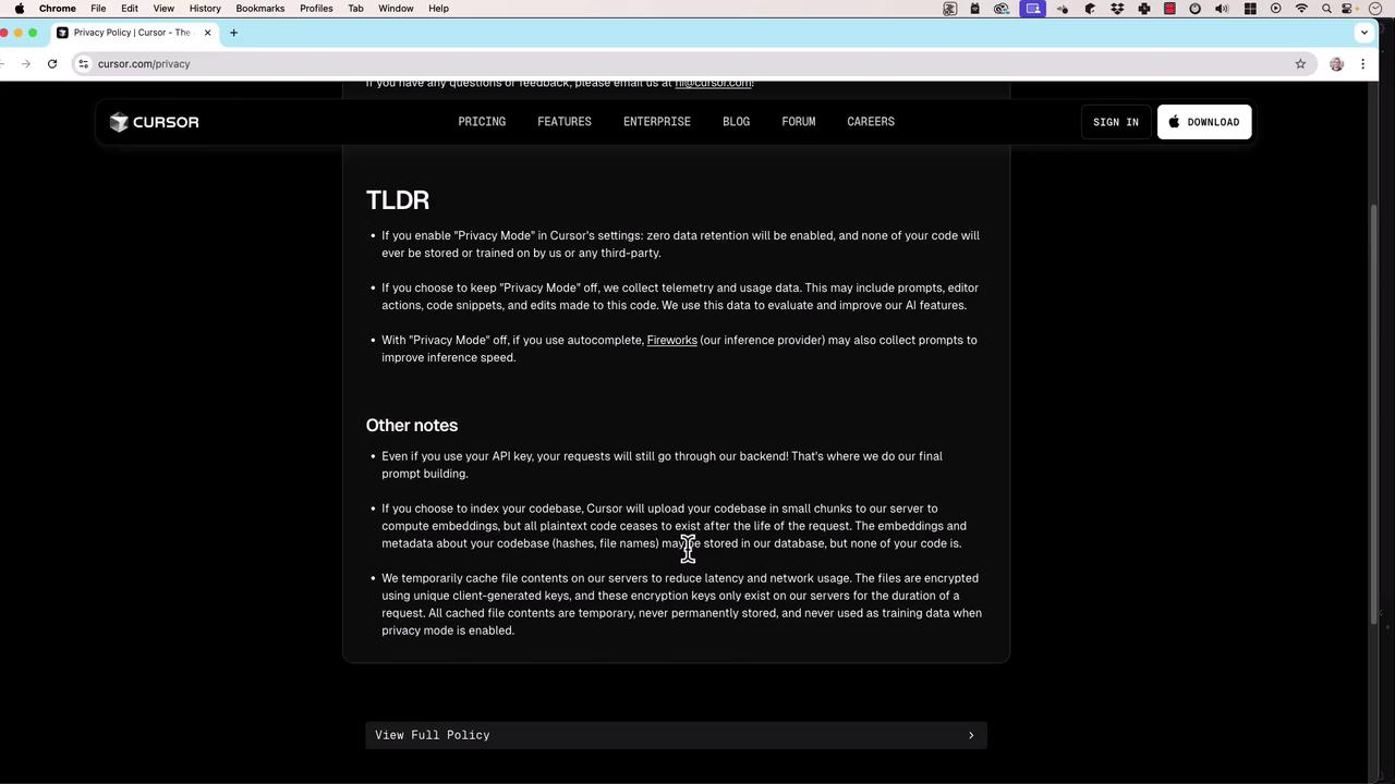 The image shows a webpage from Cursor's privacy policy section, detailing information about "Privacy Mode" and data handling practices. It includes sections labeled "TLDR" and "Other notes" with bullet points explaining data retention and processing.