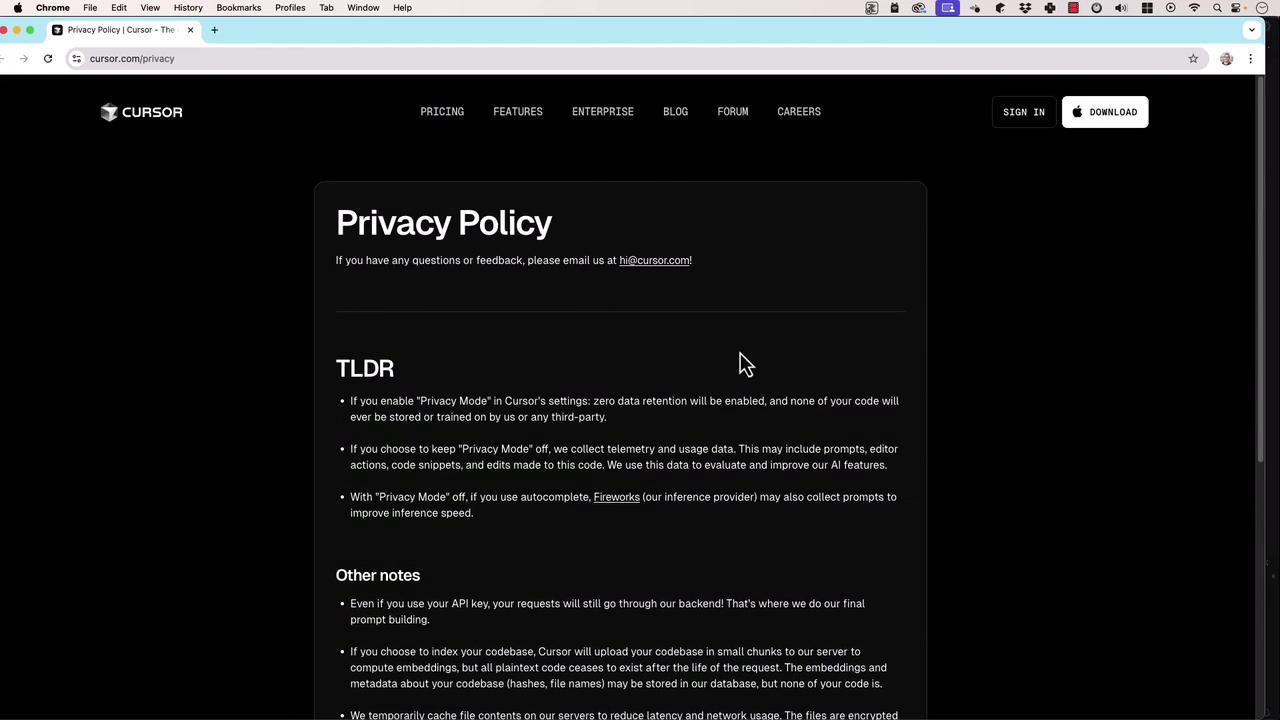 The image shows a webpage displaying the privacy policy of a website called Cursor, with sections explaining data retention and privacy mode settings.