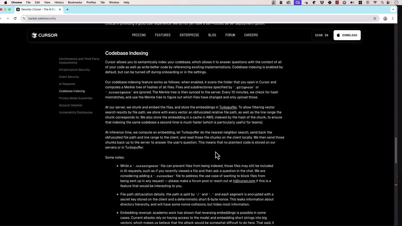 The image shows a webpage from Cursor's security section, detailing their codebase indexing feature. It explains how the feature works, including the use of a Merkle tree and Turbopuffer for secure code indexing and retrieval.