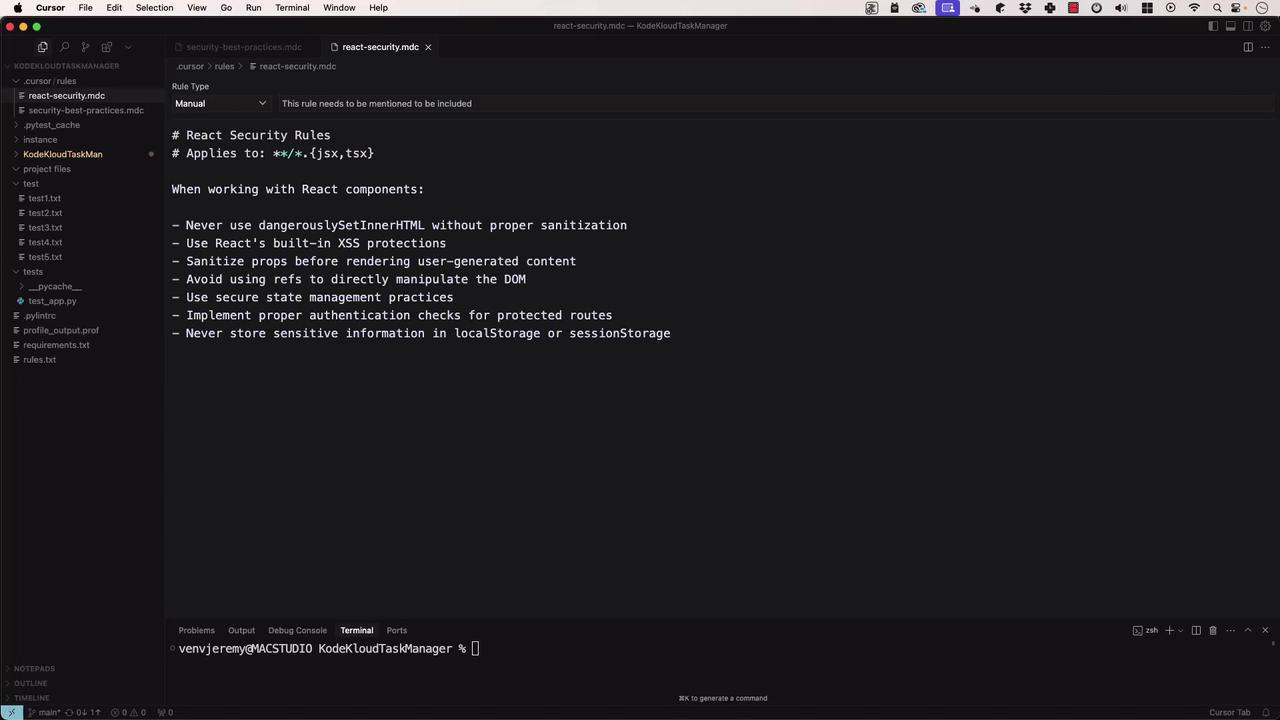 The image shows a code editor with a file open titled "react-security.mdc," containing a list of React security rules and best practices. The sidebar displays a directory structure with various files and folders.