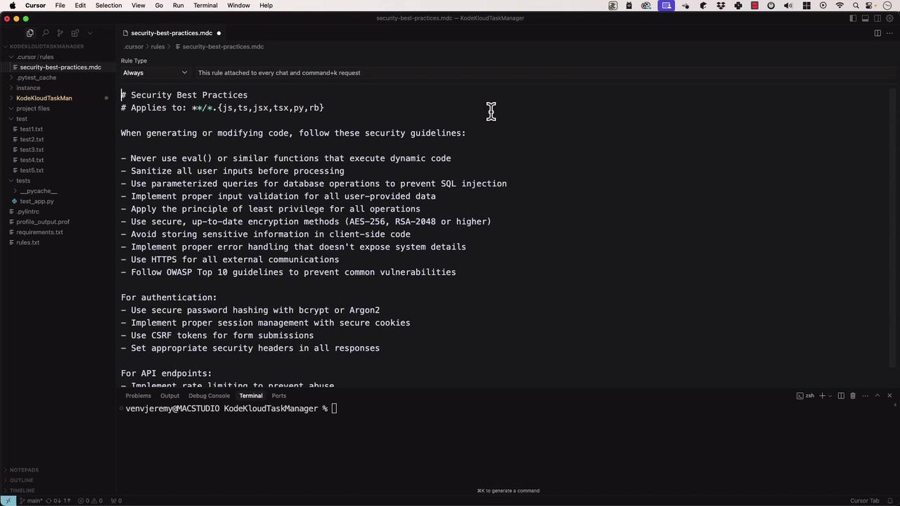 The image shows a code editor with a document titled "Security Best Practices," listing guidelines for secure coding, authentication, and API endpoints. The editor sidebar displays a file directory with various text and Python files.