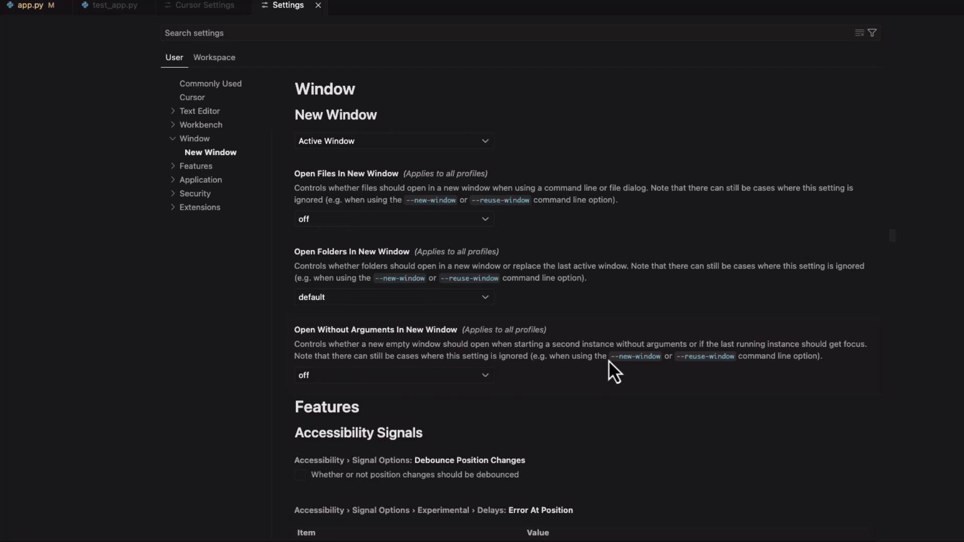 The image shows a settings menu from a code editor, displaying options for window behavior and accessibility features. It includes settings for opening files and folders in new windows and handling new instances without arguments.