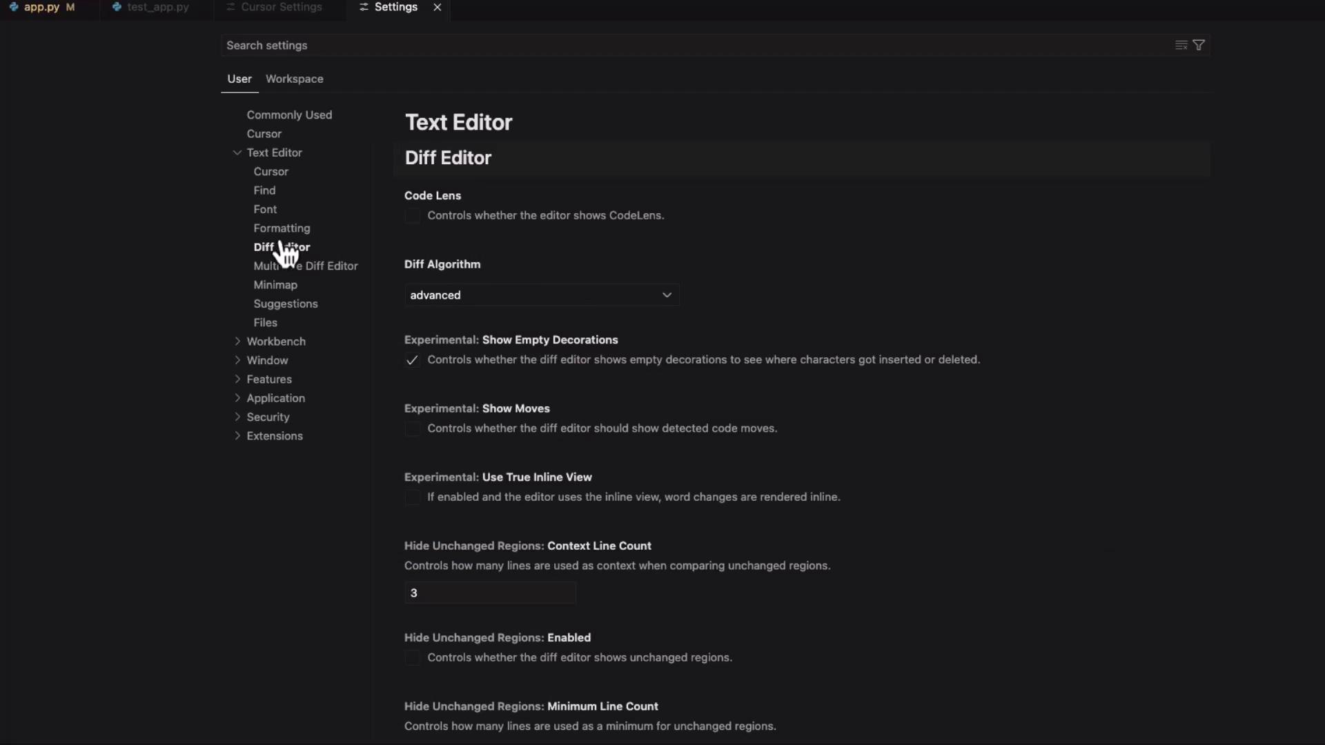 The image shows the settings menu of a text editor, specifically focusing on the "Diff Editor" options, with various configuration settings visible.