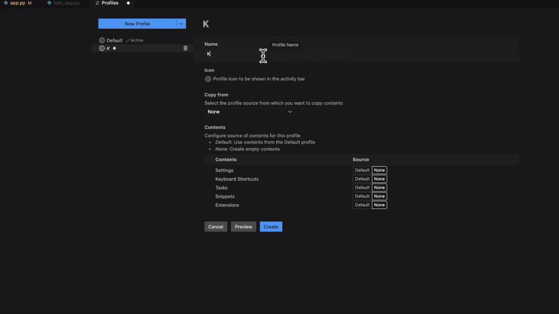 The image shows a software interface for creating a new profile, with options to set a profile name, icon, and configure content sources like settings and keyboard shortcuts. There are buttons for canceling, previewing, and creating the profile.