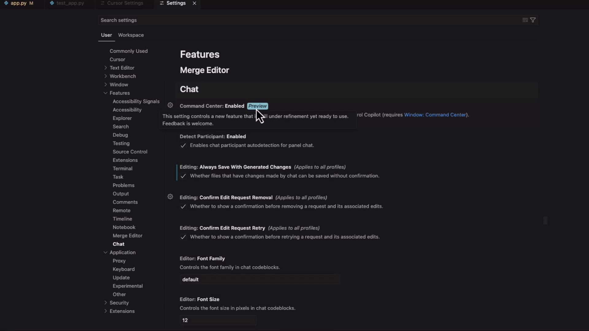 The image shows a settings menu in a software application, specifically focusing on chat features and options like enabling the command center and editing preferences.