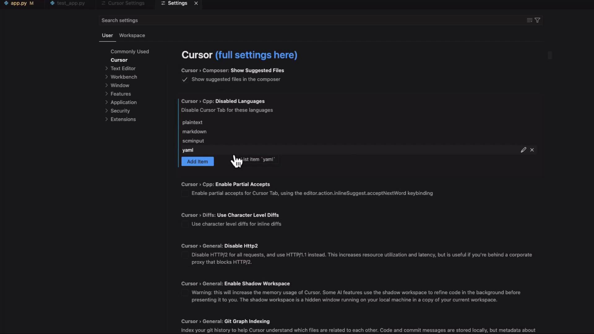 The image shows a settings page of a software application, with options for configuring cursor behavior and language settings. A hand cursor is hovering over an "Add Item" button in the "Disabled Languages" section.