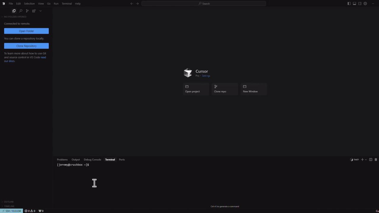 The image shows a dark-themed code editor interface with options to open a folder, clone a repository, and a terminal window at the bottom.