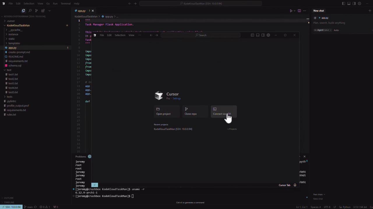 The image shows a dark-themed code editor with a project directory open on the left, a Python file in the center, and a terminal at the bottom. A "Cursor" interface is visible, offering options to open a project, clone a repo, or connect via SSH.
