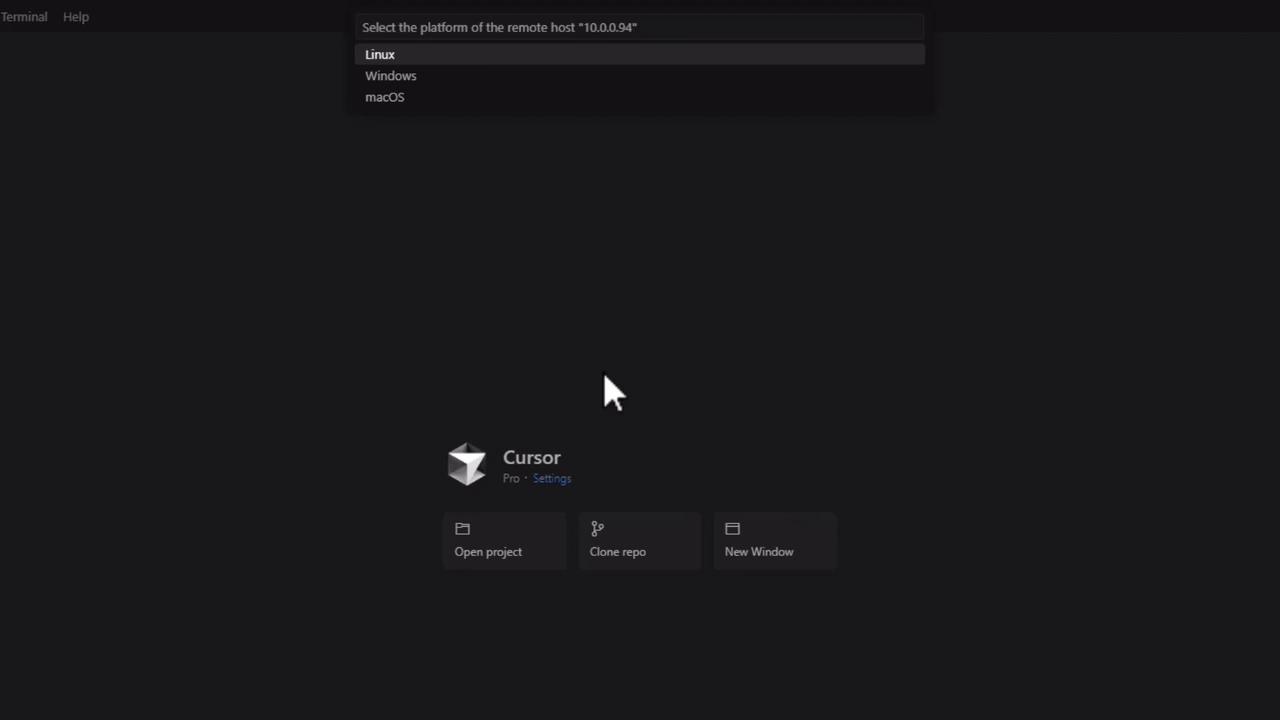 The image shows a software interface with a dropdown menu for selecting the platform of a remote host, offering options for Linux, Windows, and macOS. Below, there are options to open a project, clone a repository, or open a new window in a program called "Cursor Pro."