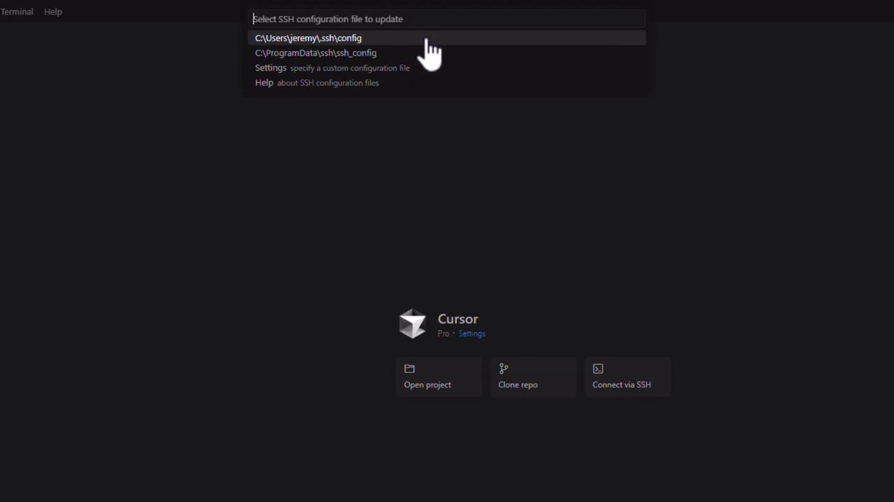 The image shows a software interface with a prompt to select an SSH configuration file, and options to open a project, clone a repository, or connect via SSH.