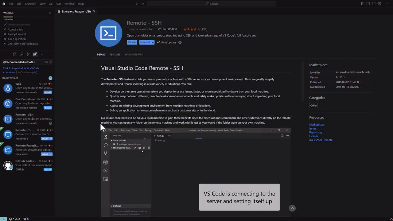The image shows the Visual Studio Code interface with the "Remote - SSH" extension page open, detailing its features and installation information. The sidebar displays other related extensions available for installation.