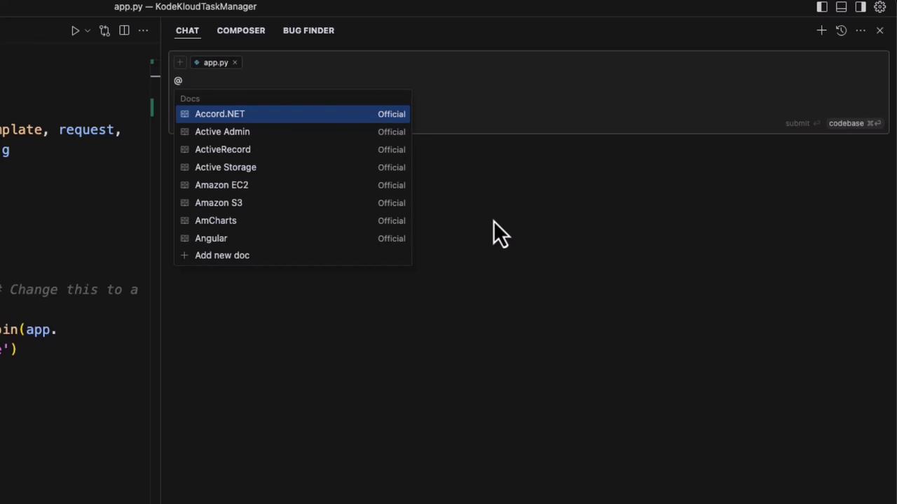 The image shows a code editor with a file named "app.py" open, displaying a list of documentation options like Accord.NET and Amazon S3 in a sidebar. The interface includes tabs for "CHAT," "COMPOSER," and "BUG FINDER."