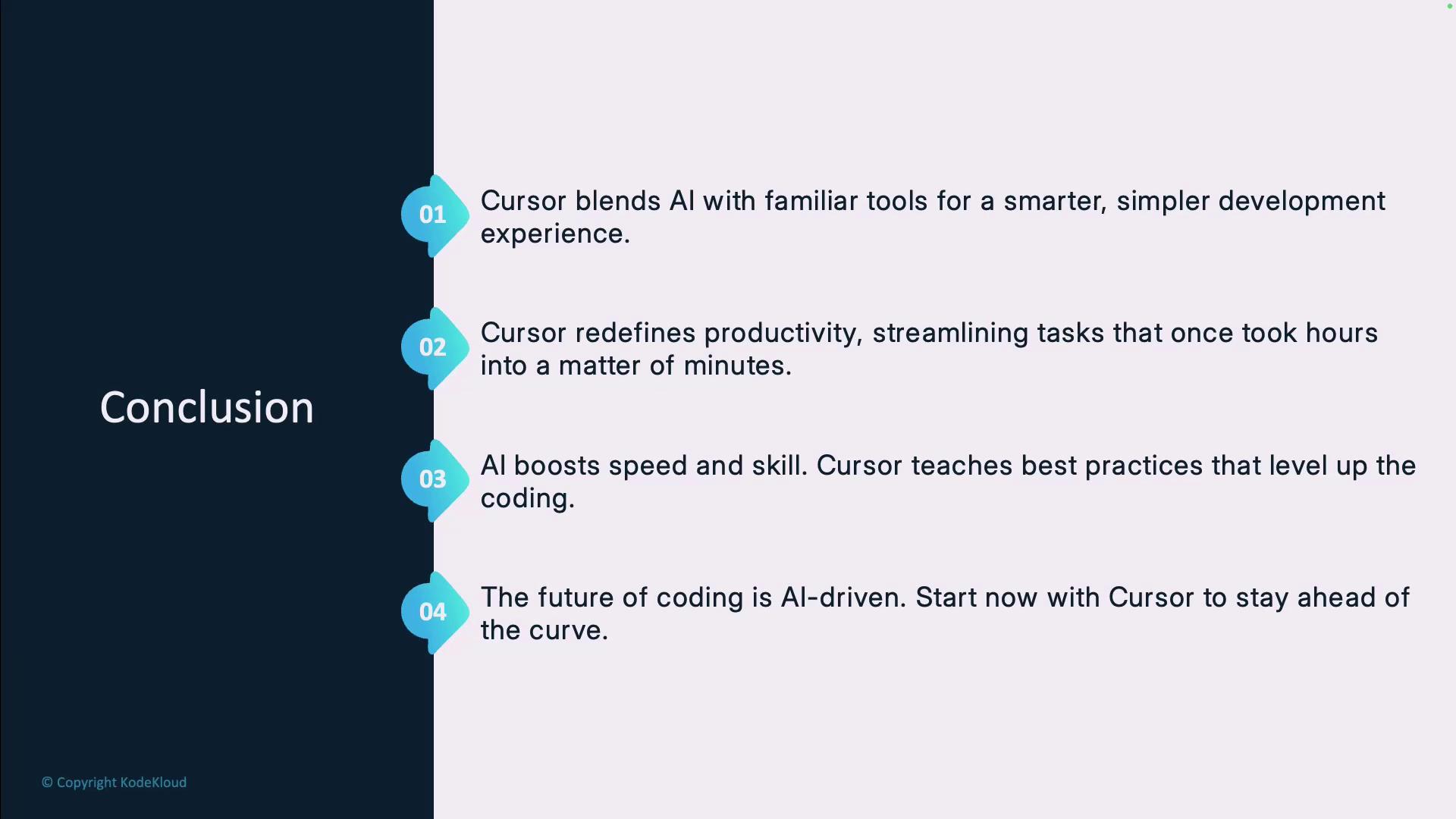 The image is a slide titled "Conclusion" with four points highlighting the benefits of using AI in development, such as blending AI with familiar tools, redefining productivity, boosting speed and skill, and emphasizing the future of AI-driven coding.