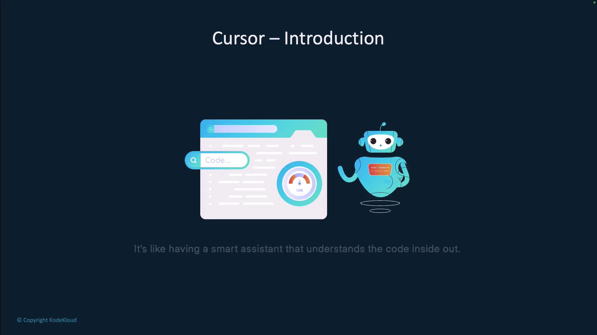 The image features a graphic of a code interface and a friendly robot, with the title "Cursor – Introduction" and a caption about having a smart assistant for code.