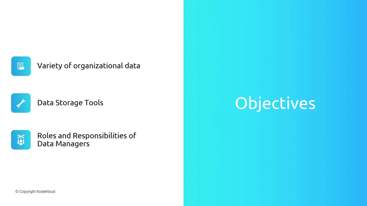 The image is a slide titled "Objectives" with three points: "Variety of organizational data," "Data Storage Tools," and "Roles and Responsibilities of Data Managers."