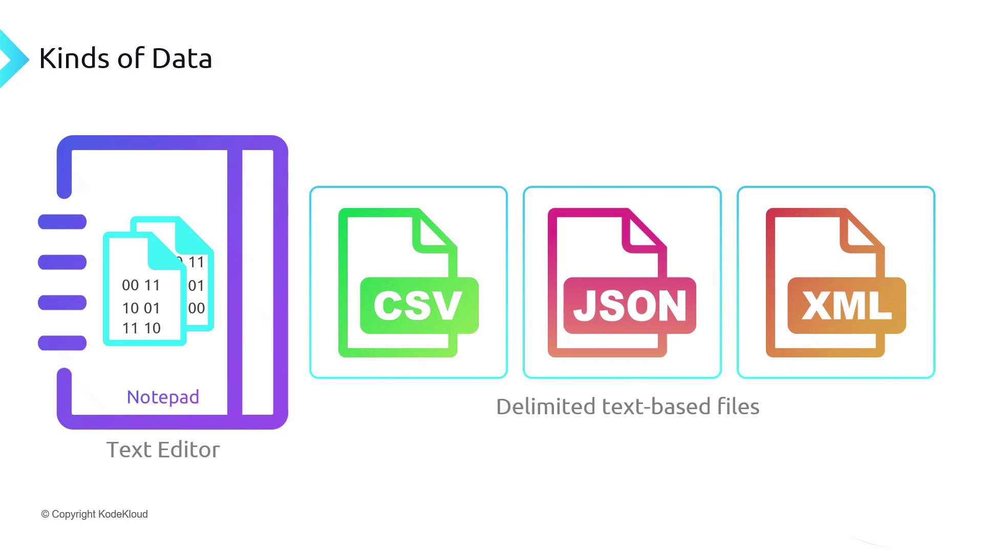 The image illustrates different kinds of data formats, including a text editor (Notepad) and delimited text-based files such as CSV, JSON, and XML.