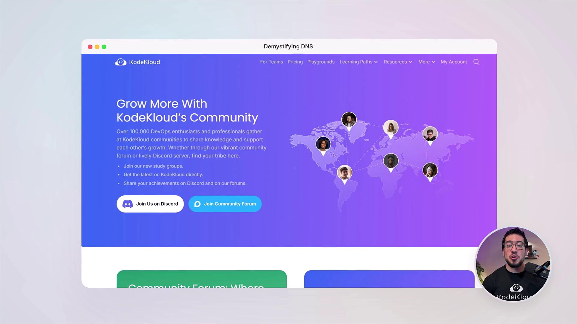 The image is a webpage from KodeKloud promoting its community for DevOps enthusiasts, featuring a world map with user icons and options to join on Discord or a community forum.