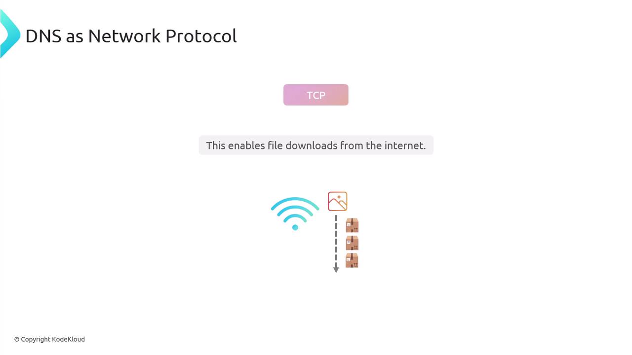 The image illustrates "DNS as Network Protocol" with a focus on TCP, showing that it enables file downloads from the internet, accompanied by icons representing a wireless signal and file transfer.
