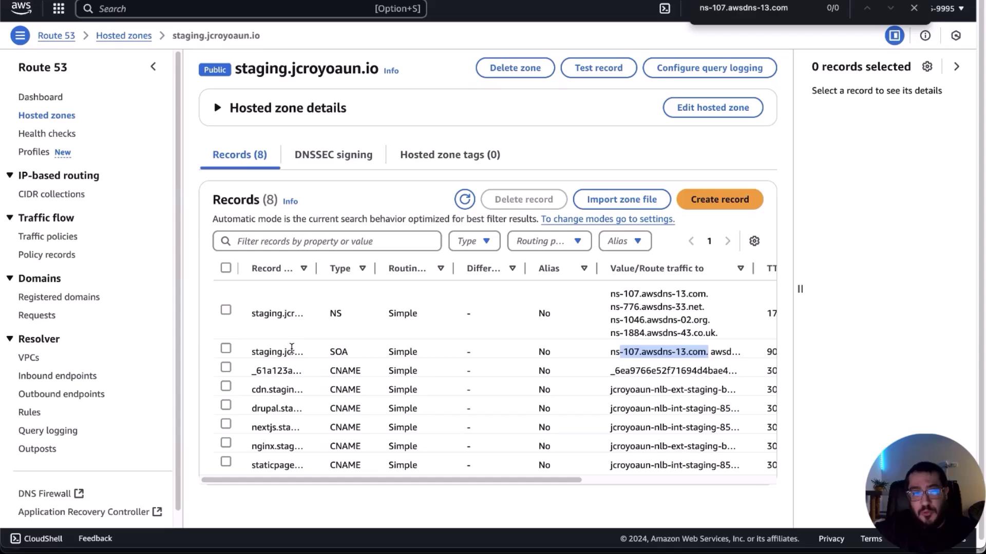 The image shows an AWS Route 53 dashboard displaying DNS records for the domain "staging.jcroyoaun.io," including NS, SOA, and CNAME records.