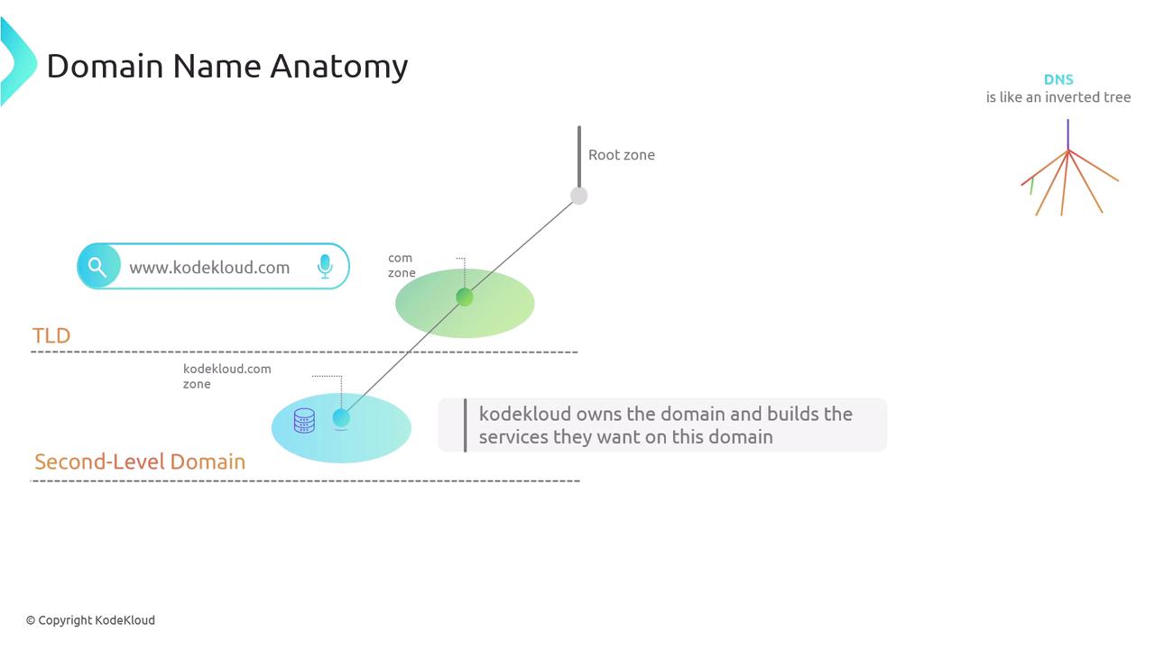 The image illustrates the anatomy of a domain name, showing the hierarchical structure of DNS with a focus on the top-level domain (TLD) and second-level domain. It also includes a diagram depicting DNS as an inverted tree.