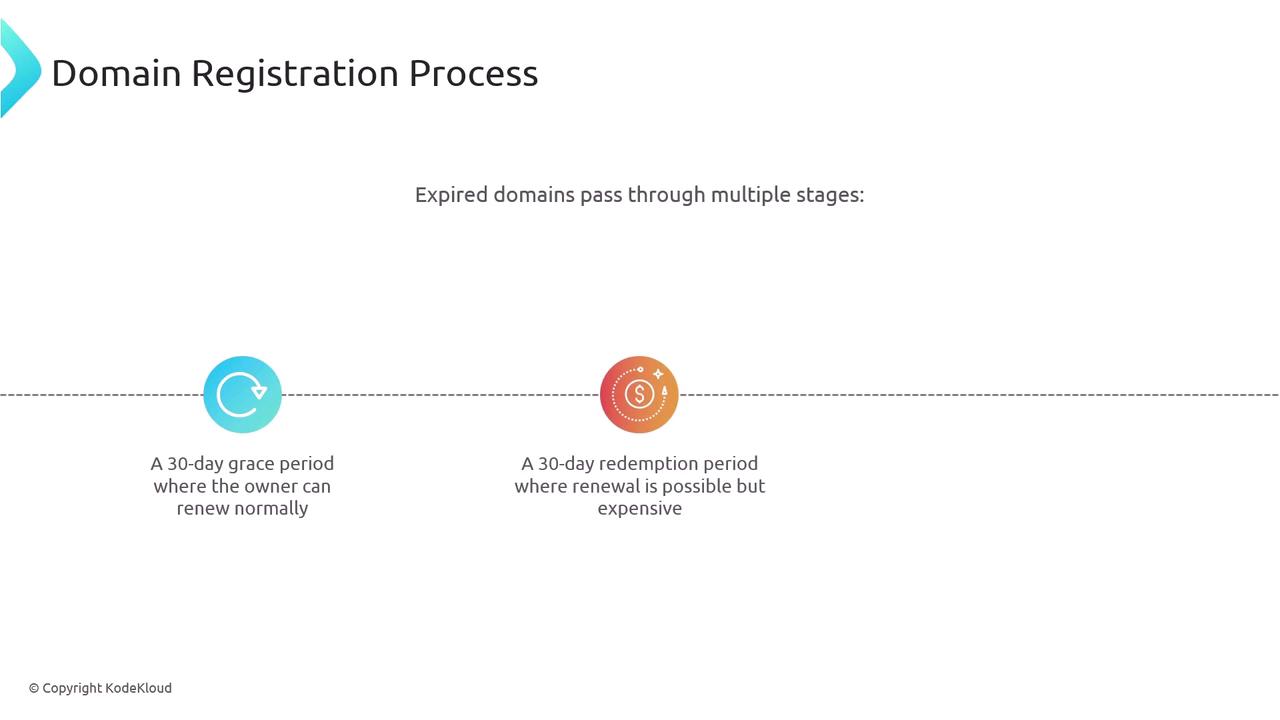 The image illustrates the domain registration process, highlighting a 30-day grace period for normal renewal and a 30-day redemption period where renewal is possible but expensive.