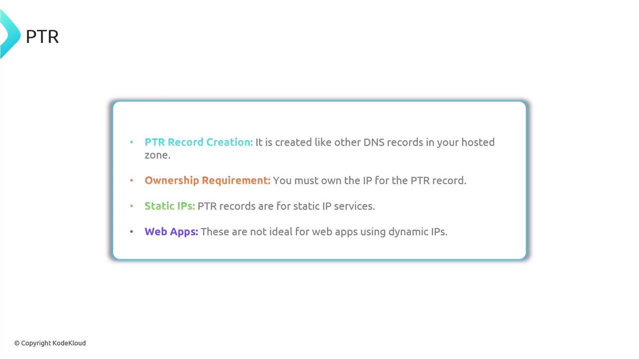 The image provides information about PTR records, including their creation, ownership requirements, use with static IPs, and limitations for web apps with dynamic IPs.