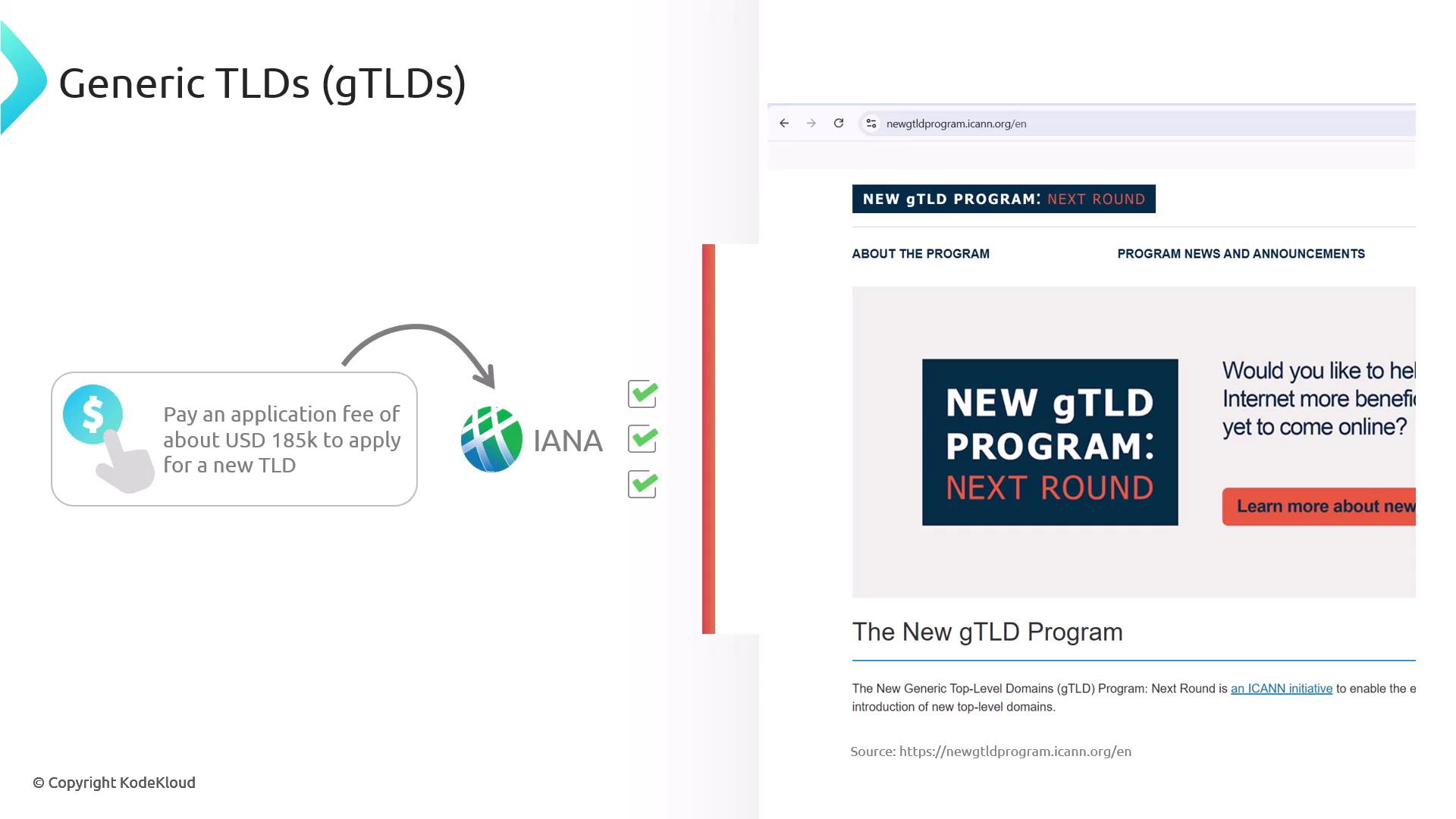 The image explains the process of applying for a new generic top-level domain (gTLD), highlighting a $185k application fee and referencing the IANA and ICANN's new gTLD program.