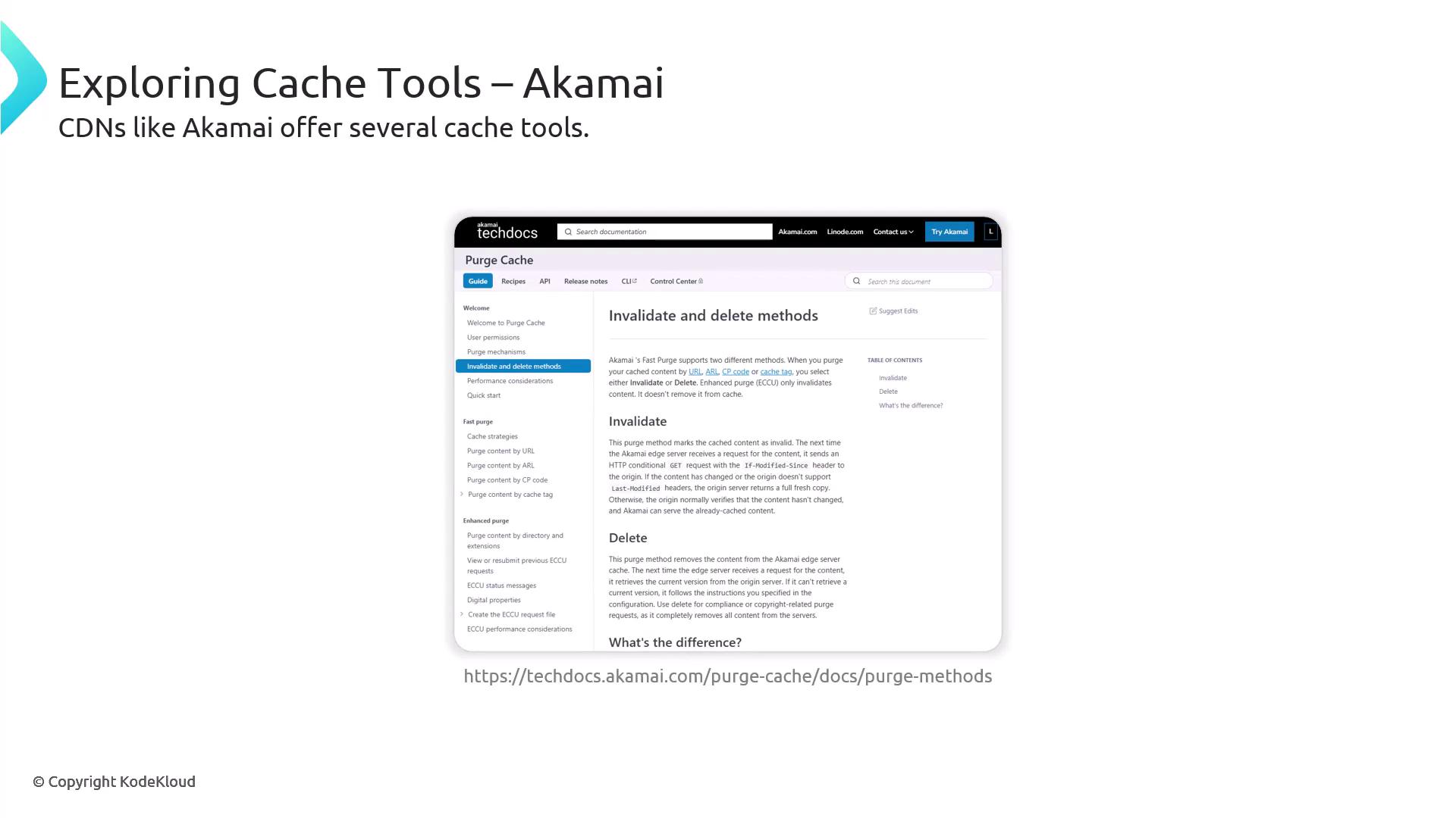 The image is a slide titled "Exploring Cache Tools – Akamai," showing a screenshot of Akamai's tech documentation on purge cache methods, specifically focusing on invalidate and delete methods.