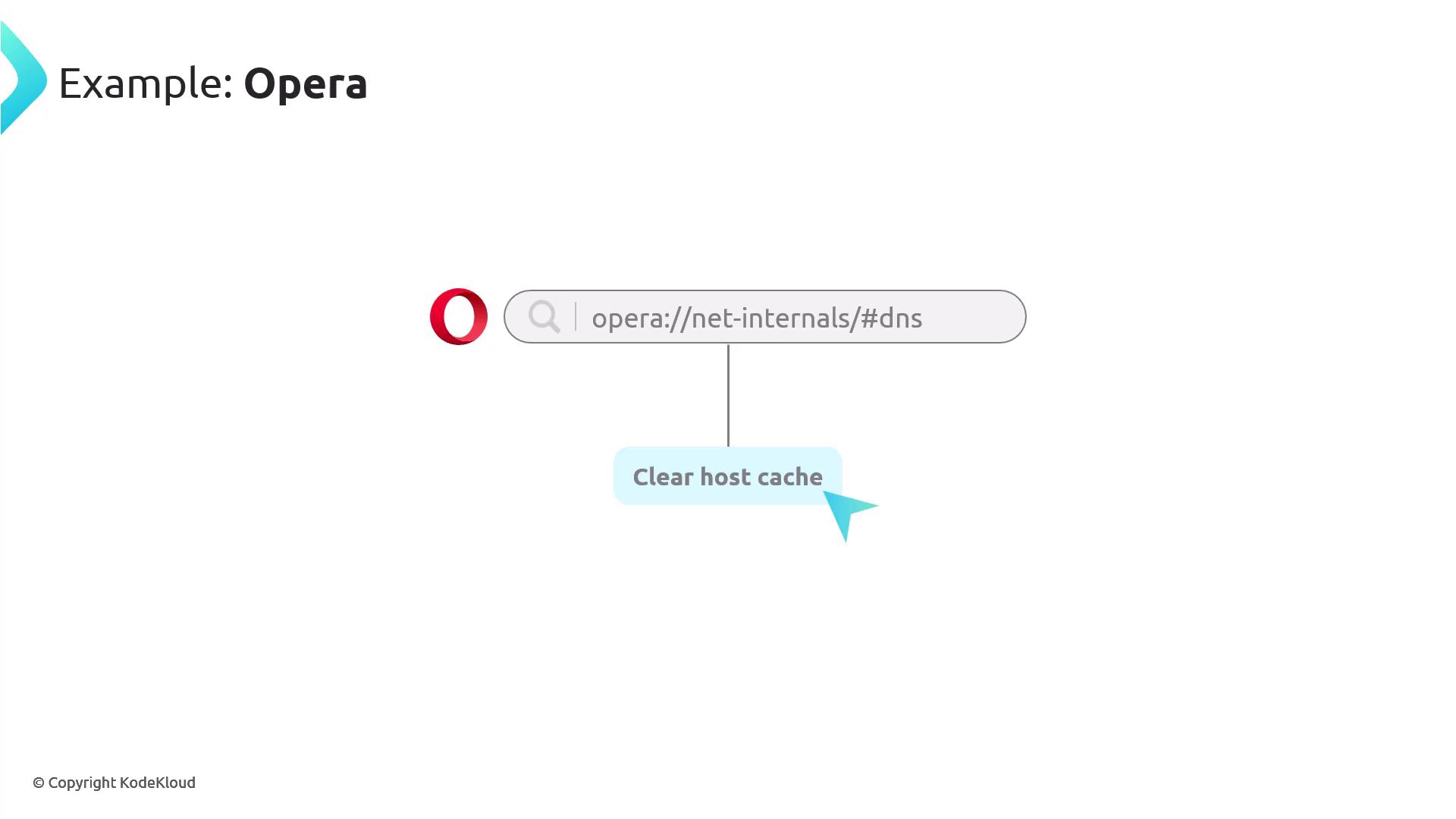 The image shows instructions for clearing the host cache in the Opera browser, with a search bar containing the URL "opera://net-internals/#dns" and a highlighted option to "Clear host cache."