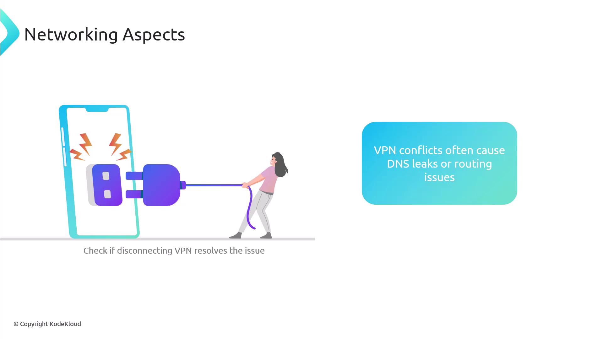 The image illustrates a person unplugging a cable from a device, with text suggesting that VPN conflicts can cause DNS leaks or routing issues and advising to check if disconnecting the VPN resolves the issue.