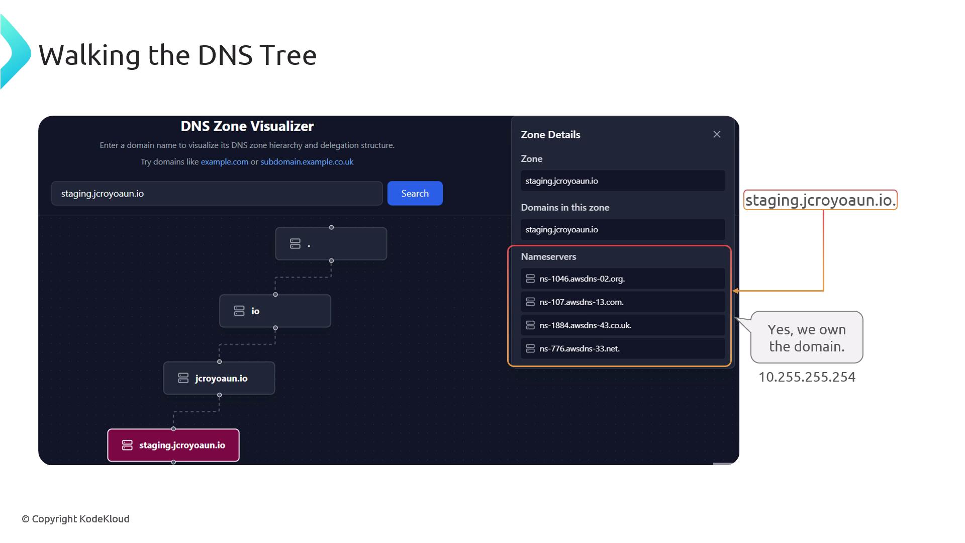 The image shows a DNS Zone Visualizer interface displaying the DNS hierarchy for the domain "staging.jcroyoaun.io" with its nameservers listed. It includes a confirmation note stating ownership of the domain.