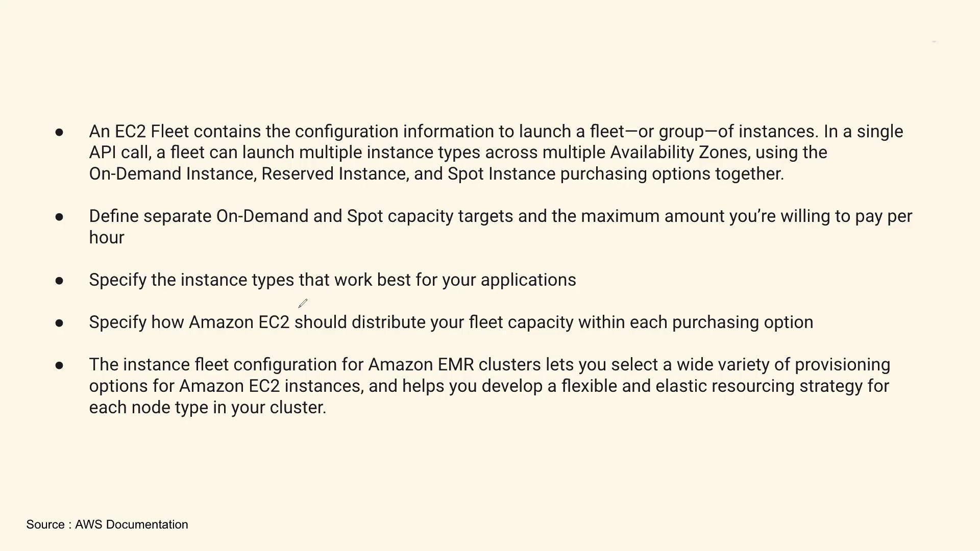 The image contains text explaining the configuration and benefits of using an EC2 Fleet in AWS, including options for instance types and purchasing strategies. It highlights the flexibility and resource management for Amazon EMR clusters.