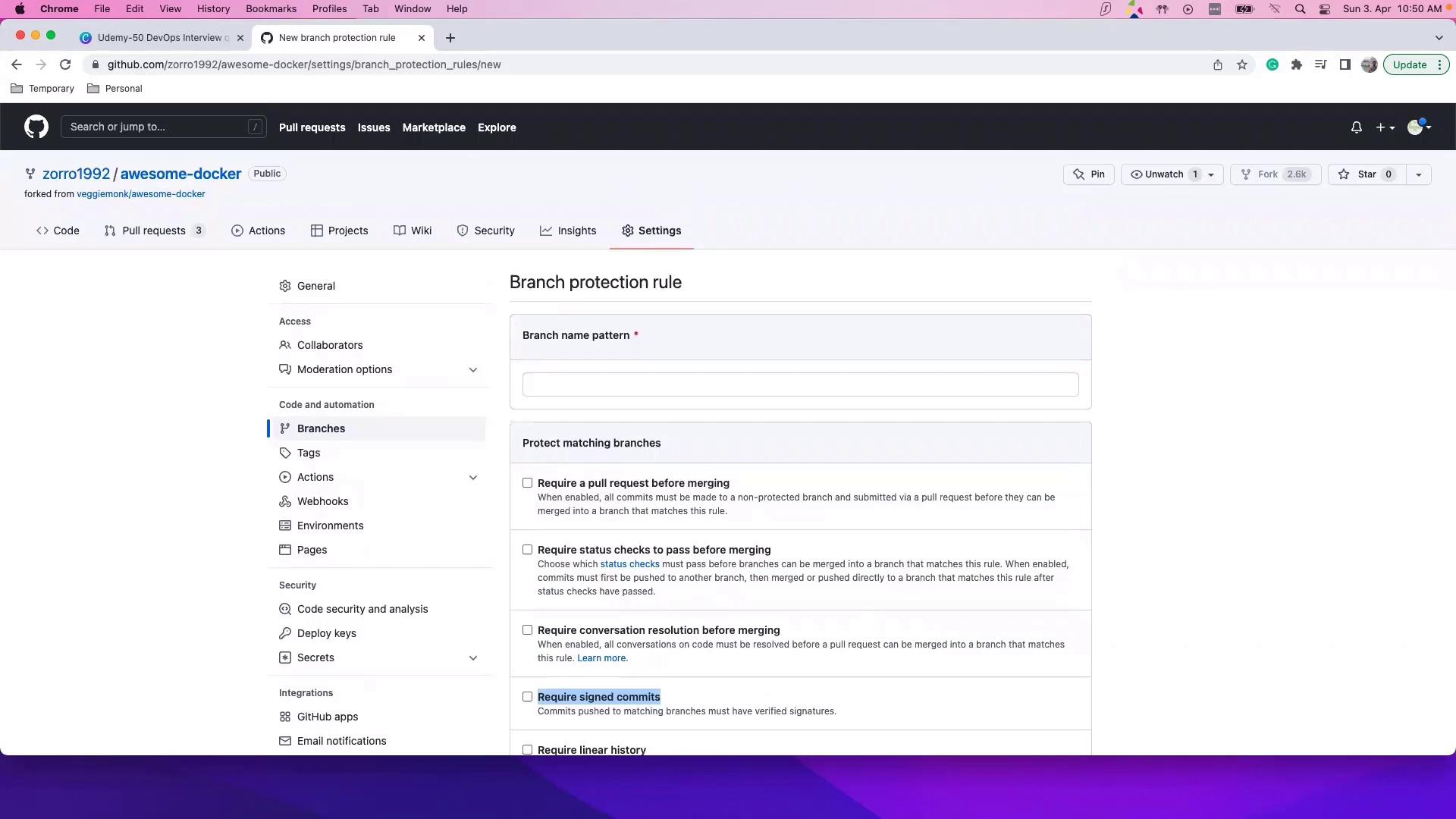 The image shows a GitHub settings page for configuring branch protection rules, with options for requiring pull requests, status checks, conversation resolution, and signed commits before merging.